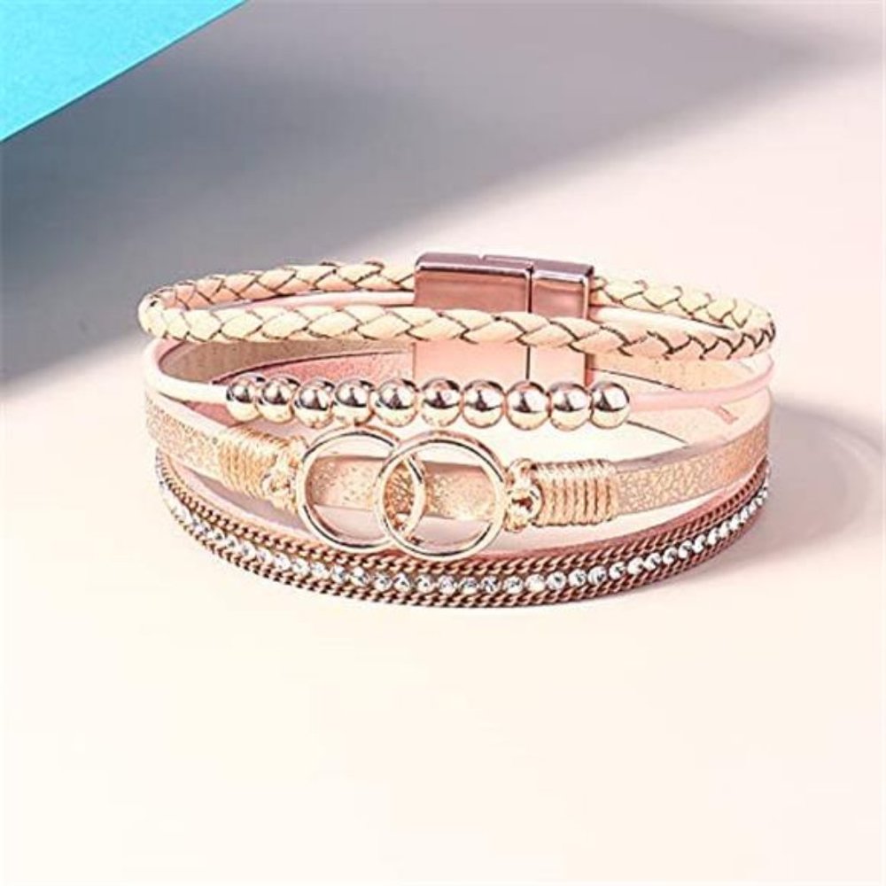 Boho Wrap Bracelets Leather Cuff Bangle Gold Bead… - image 2